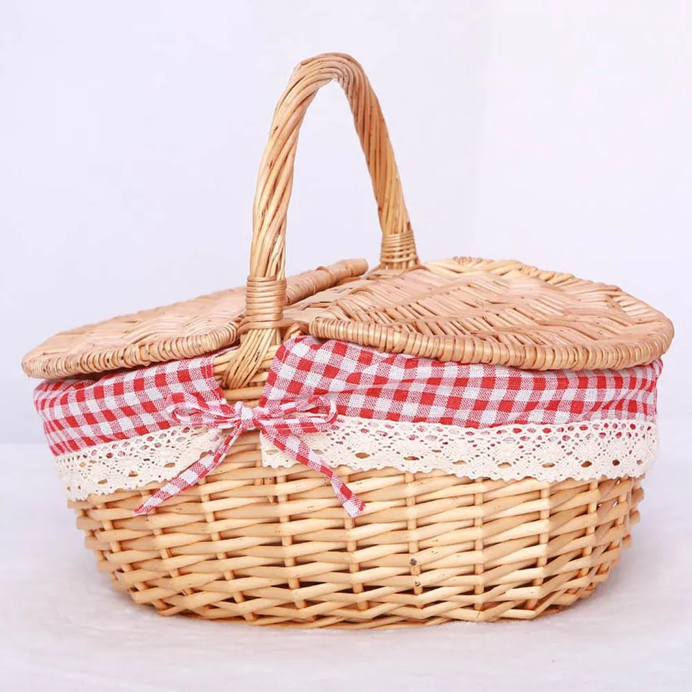 Handmade Wicker Picnic Basket with Lid Handle Picnic Hamper Washable Lining Willow Woven Storage Hamper For outdoor Camping Handmade Wicker Picnic Basket with Lid Handle Picnic Hamper Washable Lining Willow Woven Storage Hamper For outdoor Camping