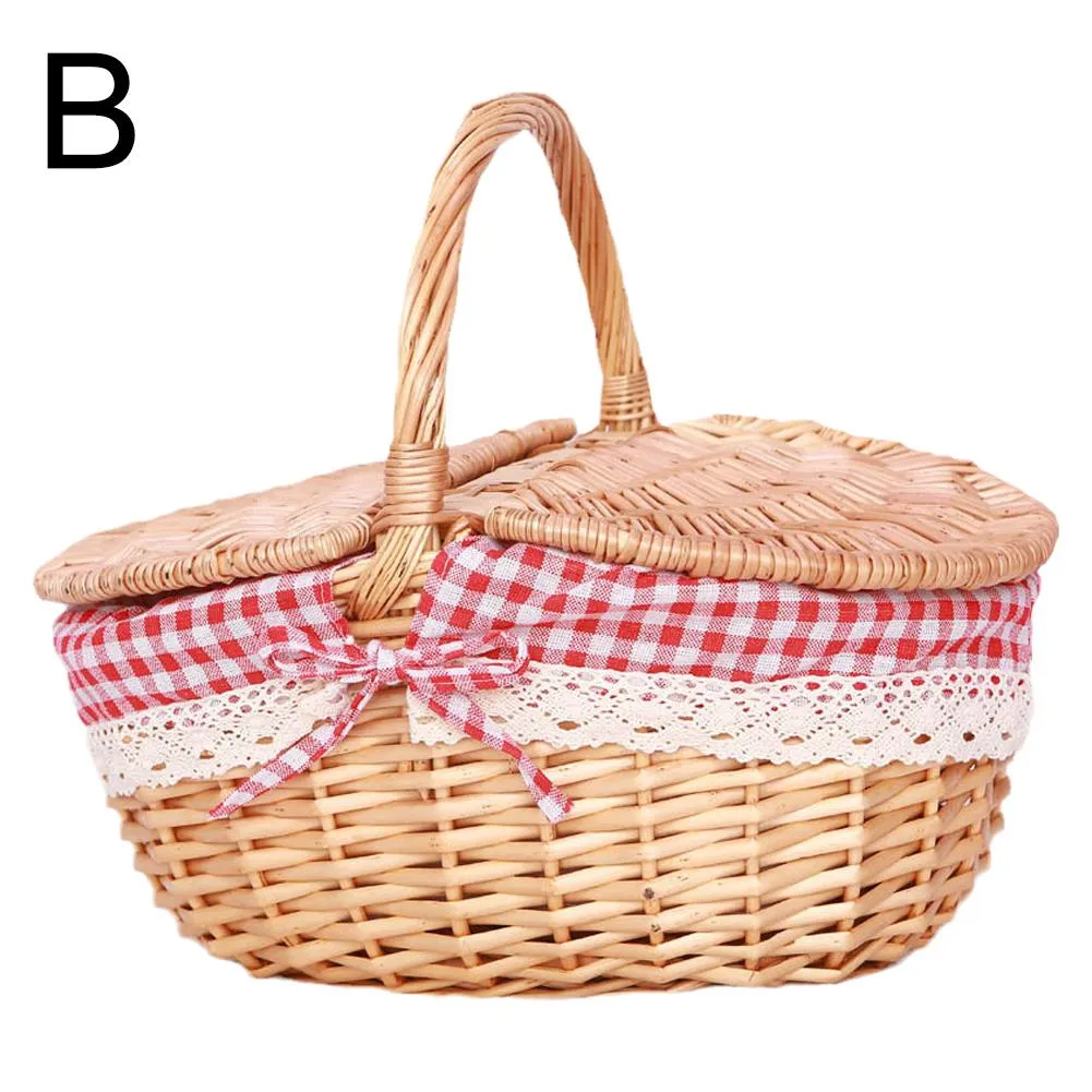 Handmade Wicker Picnic Basket with Lid Handle Picnic Hamper Washable Lining Willow Woven Storage Hamper For outdoor Camping Handmade Wicker Picnic Basket with Lid Handle Picnic Hamper Washable Lining Willow Woven Storage Hamper For outdoor Camping