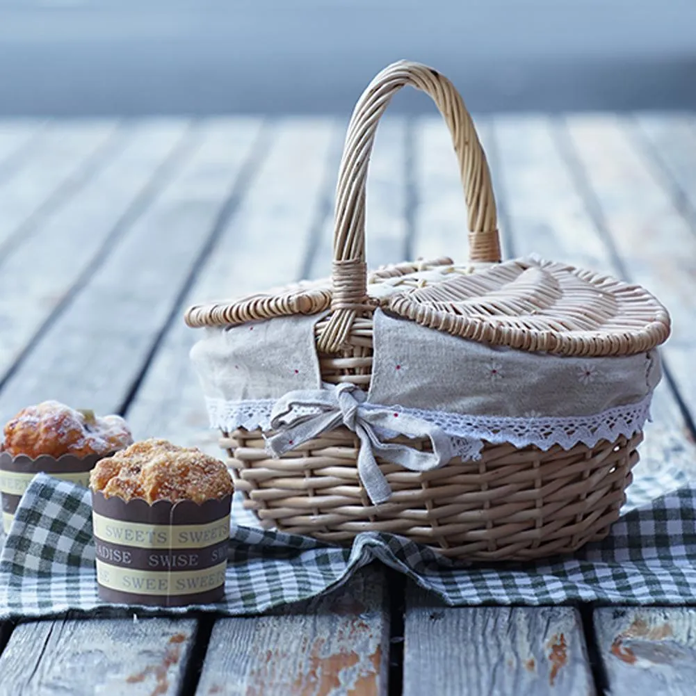 Handmade Wicker Picnic Basket with Lid Handle Picnic Hamper Washable Lining Willow Woven Storage Hamper For outdoor Camping Handmade Wicker Picnic Basket with Lid Handle Picnic Hamper Washable Lining Willow Woven Storage Hamper For outdoor Camping