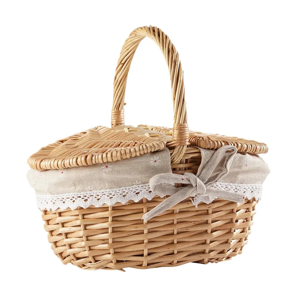 Handmade Wicker Picnic Basket with Lid Handle Picnic Hamper Washable Lining Willow Woven Storage Hamper For outdoor Camping