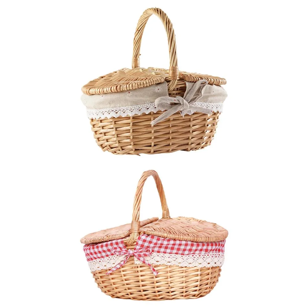 Handmade Wicker Picnic Basket with Lid Handle Picnic Hamper Washable Lining Willow Woven Storage Hamper For outdoor Camping Handmade Wicker Picnic Basket with Lid Handle Picnic Hamper Washable Lining Willow Woven Storage Hamper For outdoor Camping