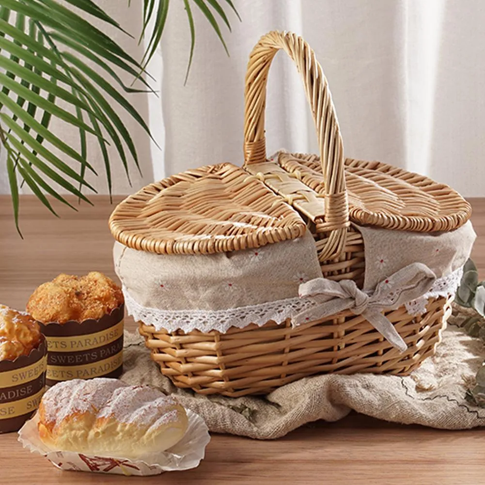 Handmade Wicker Picnic Basket with Lid Handle Picnic Hamper Washable Lining Willow Woven Storage Hamper For outdoor Camping Handmade Wicker Picnic Basket with Lid Handle Picnic Hamper Washable Lining Willow Woven Storage Hamper For outdoor Camping