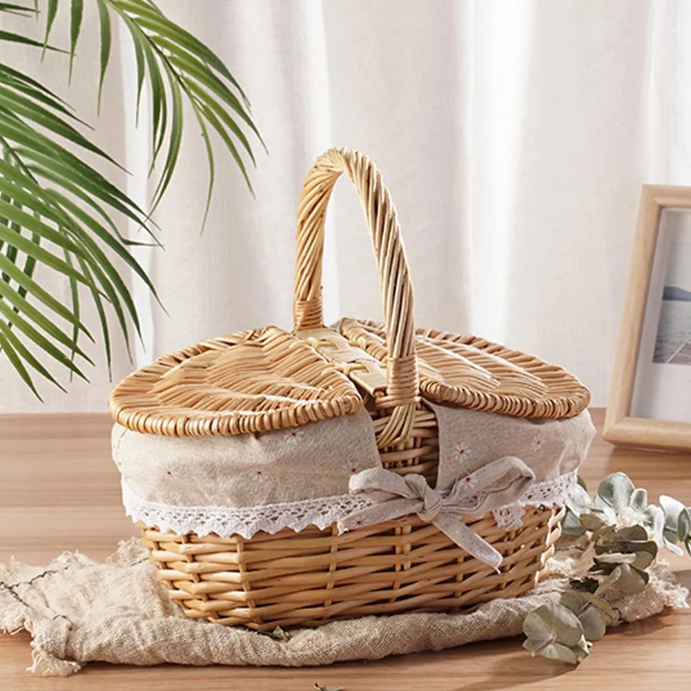 Handmade Wicker Picnic Basket with Lid Handle Picnic Hamper Washable Lining Willow Woven Storage Hamper For outdoor Camping Handmade Wicker Picnic Basket with Lid Handle Picnic Hamper Washable Lining Willow Woven Storage Hamper For outdoor Camping