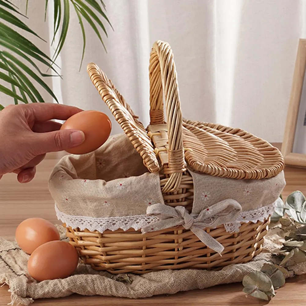 Handmade Wicker Picnic Basket with Lid Handle Picnic Hamper Washable Lining Willow Woven Storage Hamper For outdoor Camping Handmade Wicker Picnic Basket with Lid Handle Picnic Hamper Washable Lining Willow Woven Storage Hamper For outdoor Camping