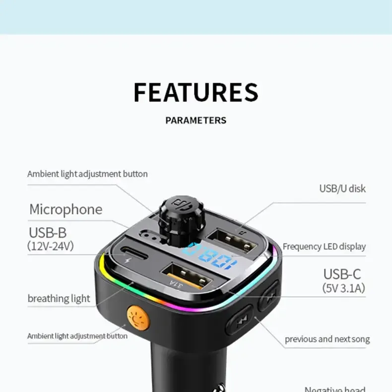 Bluetooth 5.0 FM Transmitter Handsfree Car Radio Modulator MP3 Player With 22.5W USB Super Quick Charge Adapter for Car Bluetooth 5.0 FM Transmitter Handsfree Car Radio Modulator MP3 Player With 22.5W USB Super Quick Charge Adapter for Car