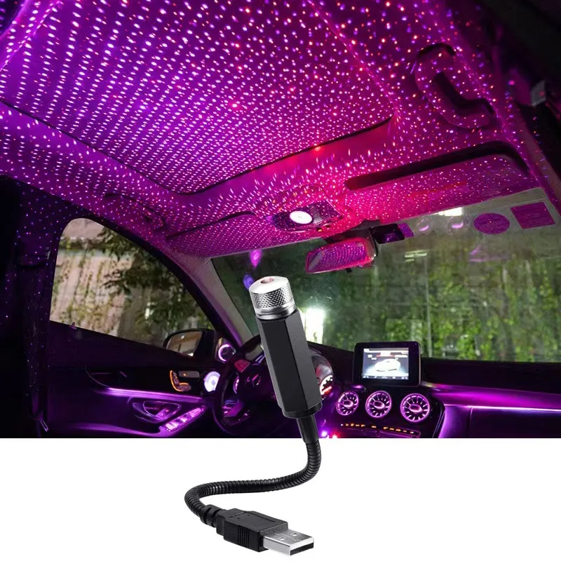 מקרן תאורה לרכב עם כוכבים צבעוניים וחיבור USB מתכוונן