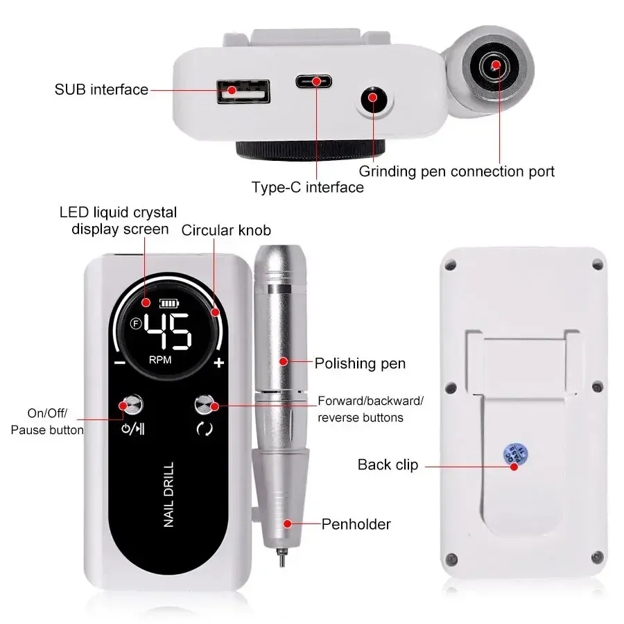 ⁦מכשיר שיוף ציפורניים מקצועי 45000RPM נטען ושקט⁩ – תמונה ⁦5⁩
