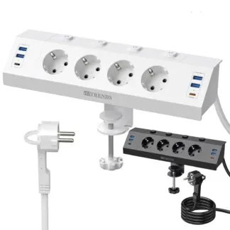 מפצל חשמל לשולחן עם מהדק, 4 USB, 2 USB-C וכבל 2 מטר