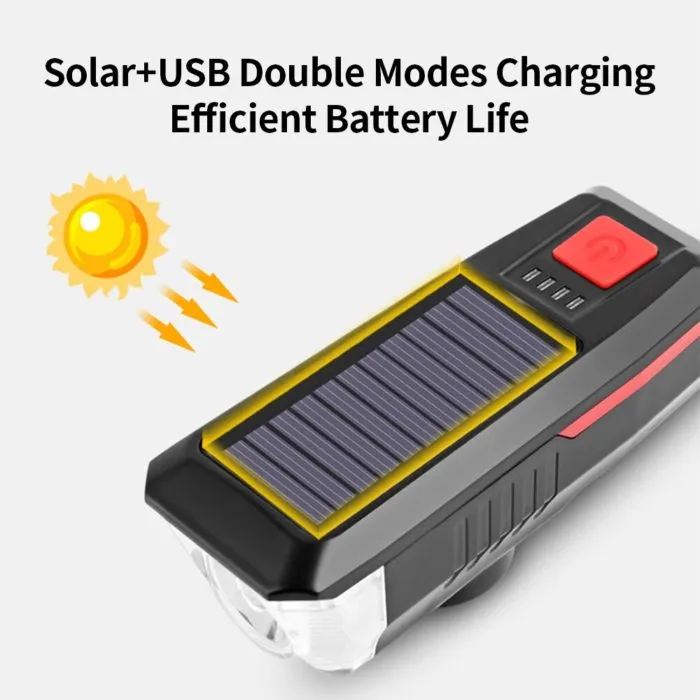 ⁦פנס סולארי לאופניים עם צופר 120 דציבל וטעינת USB⁩ – תמונה ⁦6⁩
