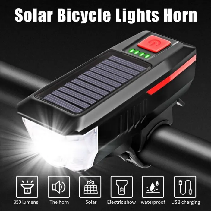 ⁦פנס סולארי לאופניים עם צופר 120 דציבל וטעינת USB⁩ – תמונה ⁦2⁩