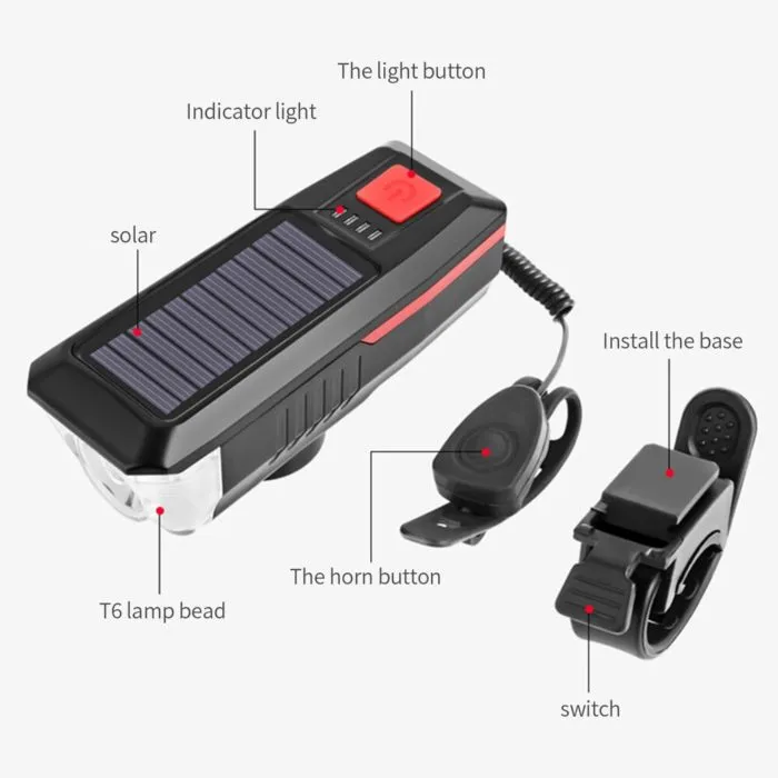 ⁦פנס סולארי לאופניים עם צופר 120 דציבל וטעינת USB⁩ – תמונה ⁦5⁩