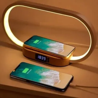 מנורת לילה עם מטען אלחוטי, שעון ויציאת USB מעץ