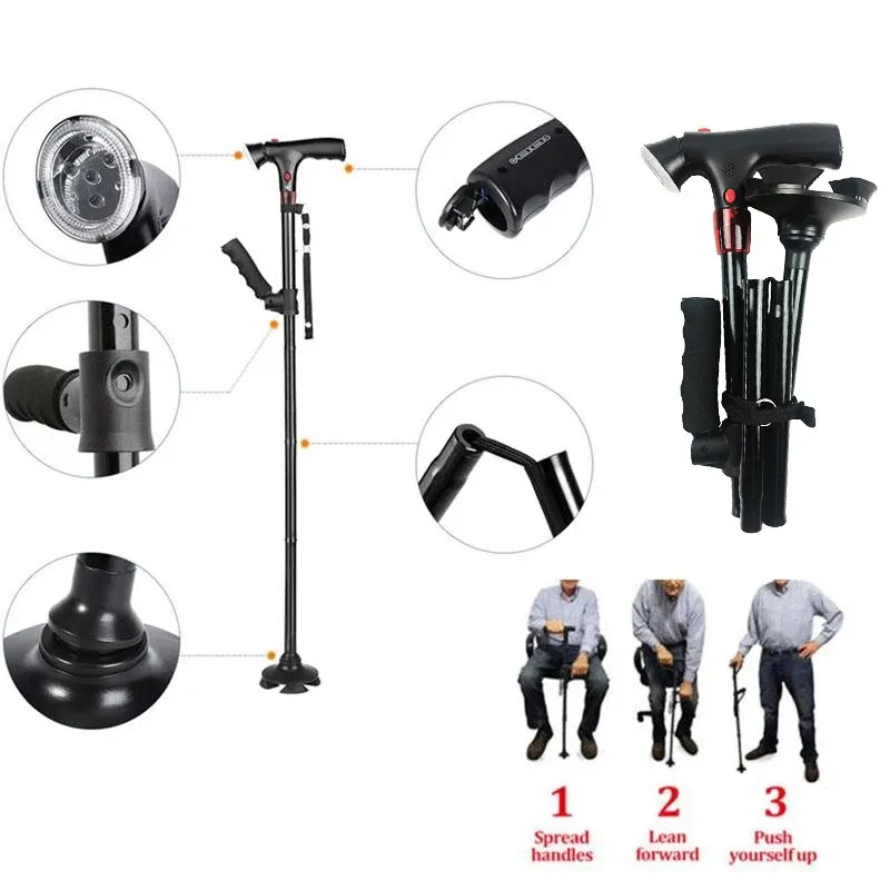 ⁦מקל הליכה מתקפל טלסקופי עם פנס LED, אזעקה ובסיס 4 רגליים⁩ – תמונה ⁦4⁩