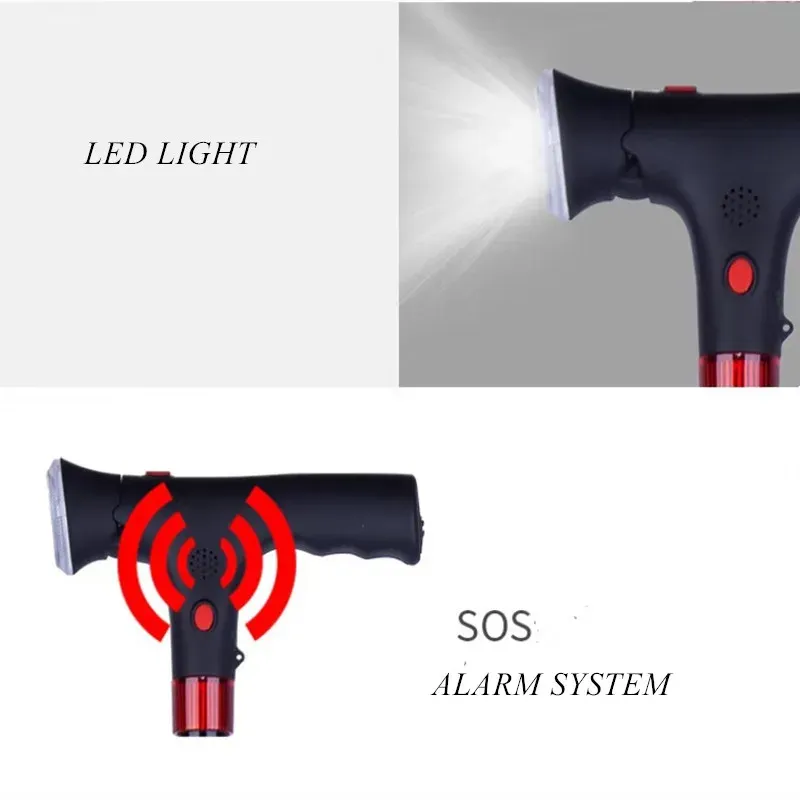 ⁦מקל הליכה מתקפל טלסקופי עם פנס LED, אזעקה ובסיס 4 רגליים⁩ – תמונה ⁦2⁩