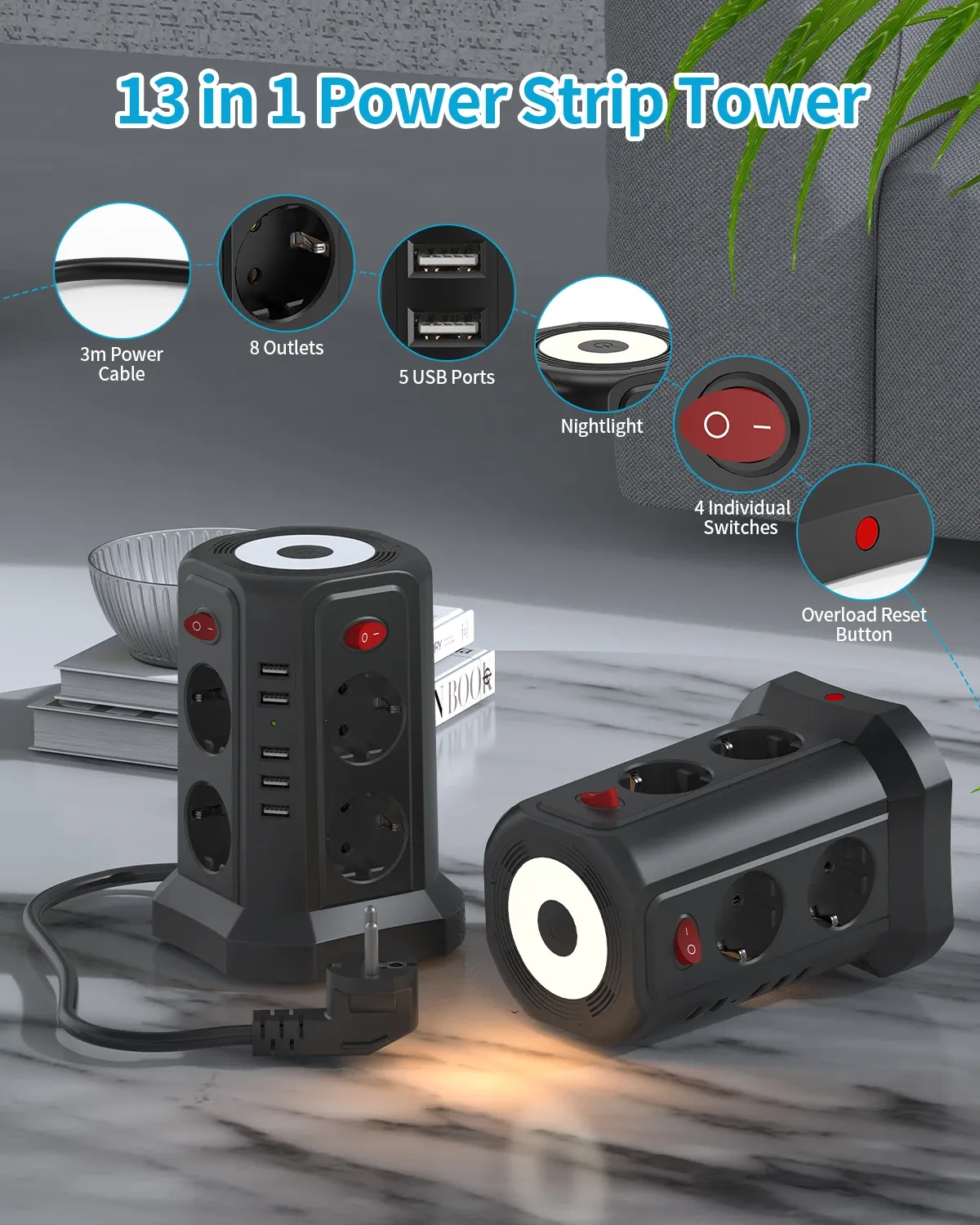 ⁦מגדל שקעי חשמל עם USB - 8 שקעים, 5 חיבורי USB ומפסקים נפרדים⁩ – תמונה ⁦3⁩