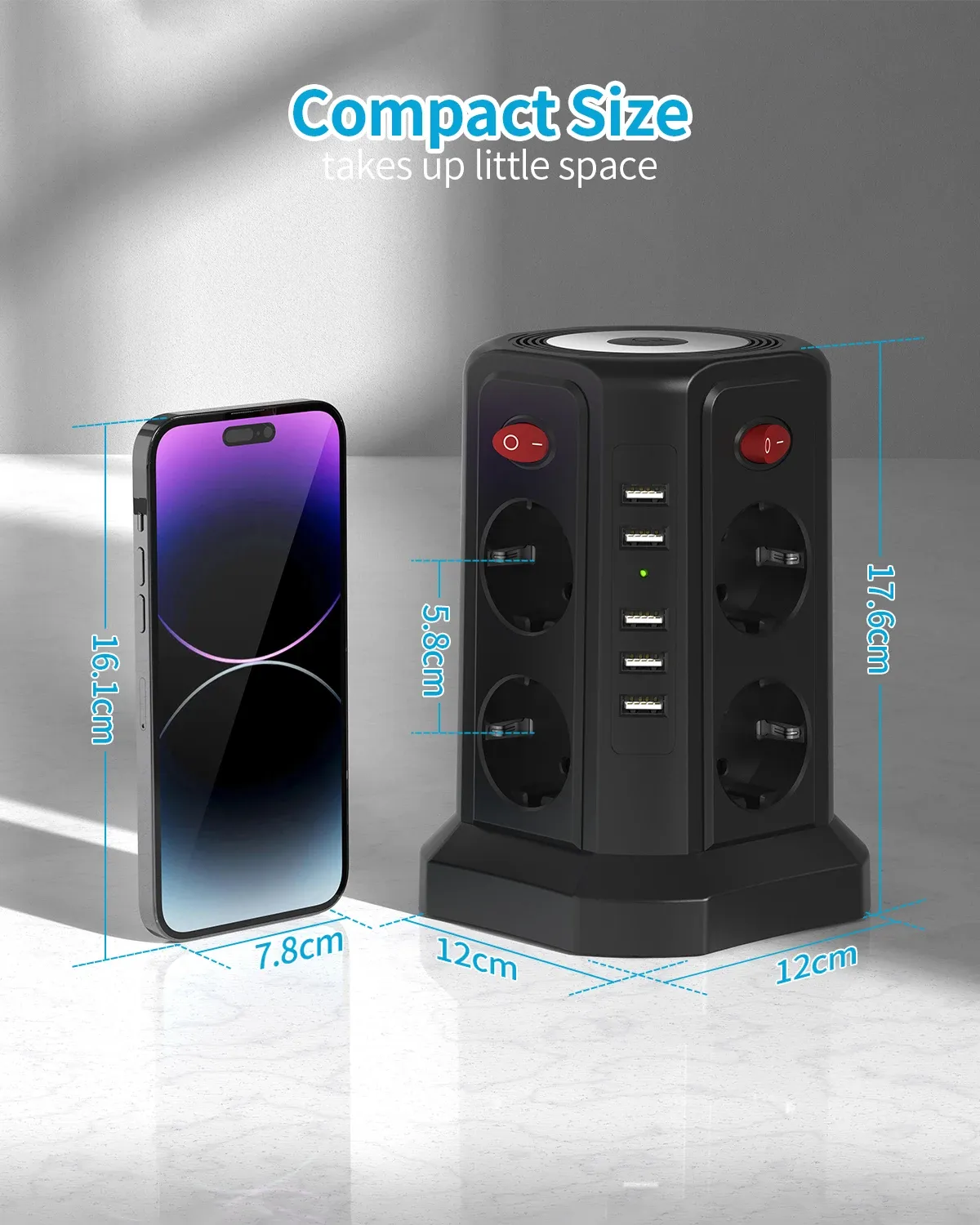 ⁦מגדל שקעי חשמל עם USB - 8 שקעים, 5 חיבורי USB ומפסקים נפרדים⁩ – תמונה ⁦2⁩