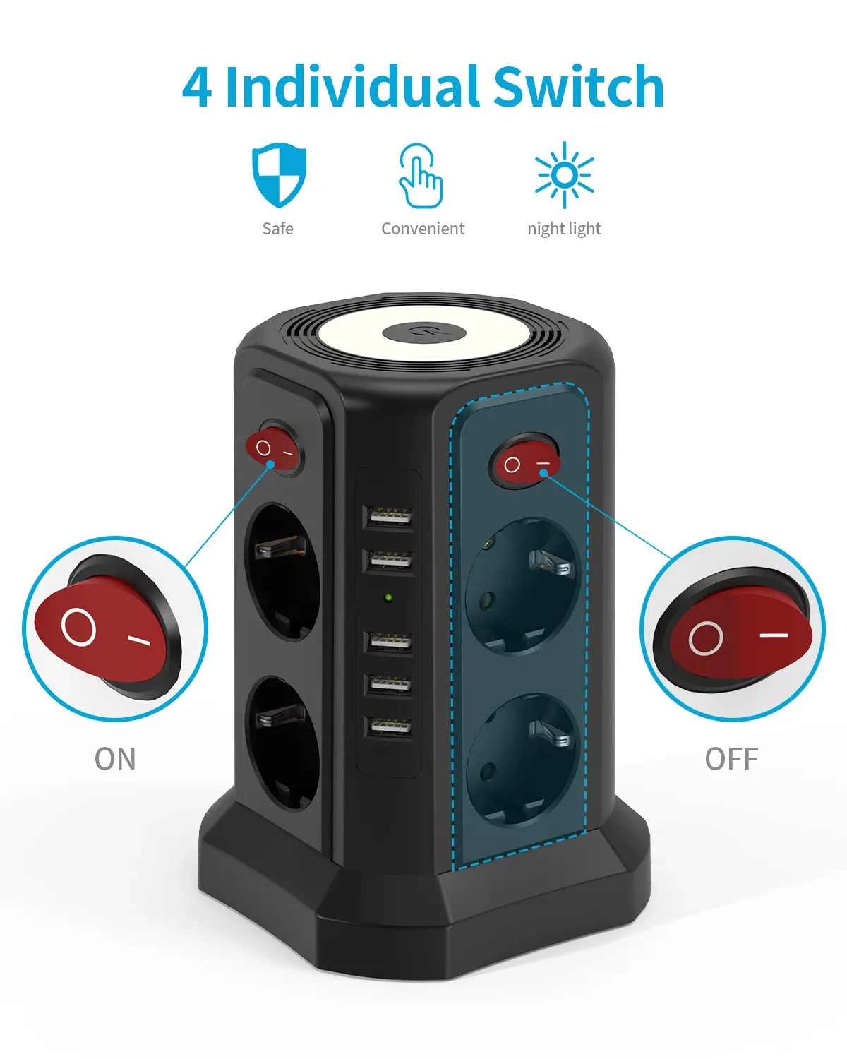 ⁦מגדל שקעי חשמל עם USB - 8 שקעים, 5 חיבורי USB ומפסקים נפרדים⁩ – תמונה ⁦6⁩