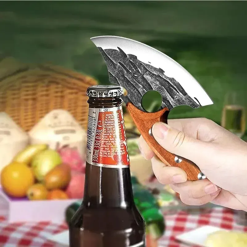 סכין קצבים מקצועית עם ידית עץ ופותחן בקבוקים מובנה – תמונה 4