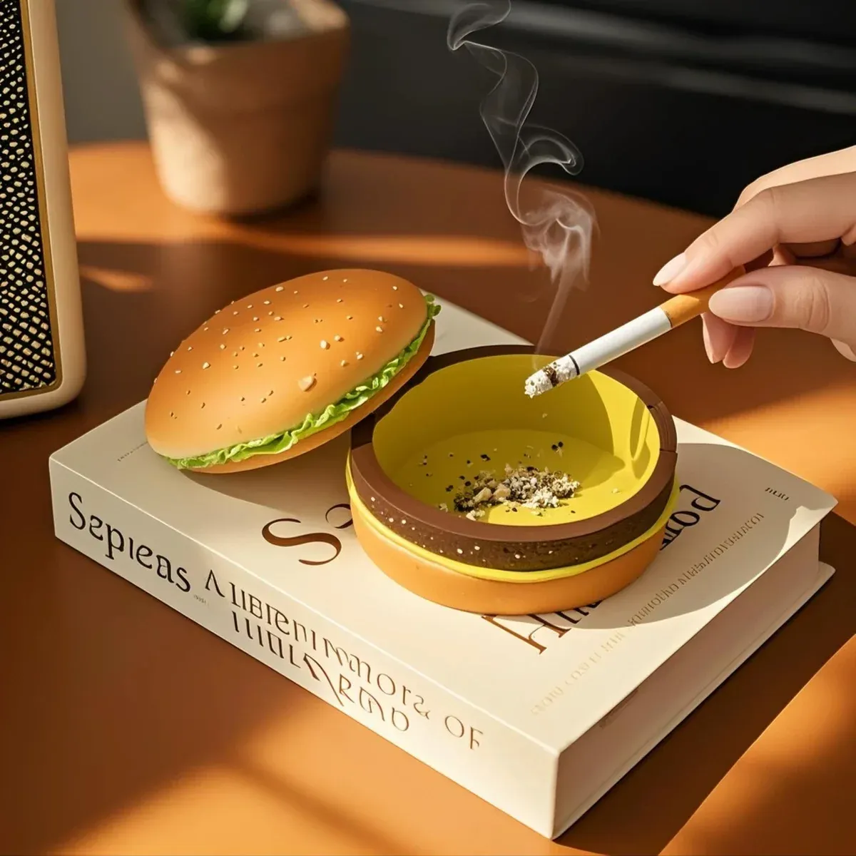 ⁦מאפרה בצורת המבורגר עם מכסה – קישוט שולחני לבית ולמשרד⁩ – תמונה ⁦3⁩