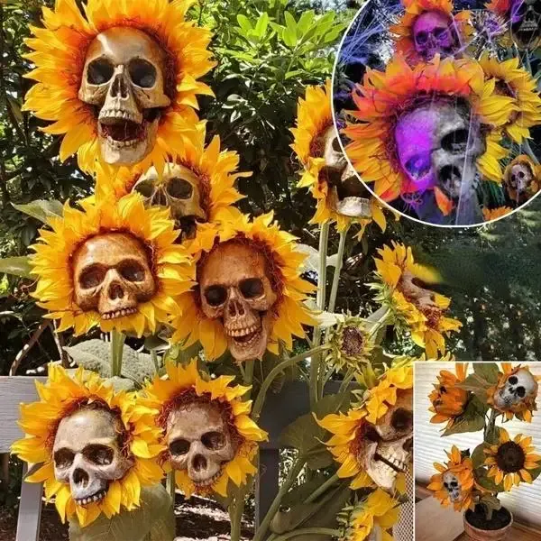 ⁦קישוט גולגולת פרחי חמנייה בסגנון גותי לעיצוב הבית⁩ – תמונה ⁦2⁩