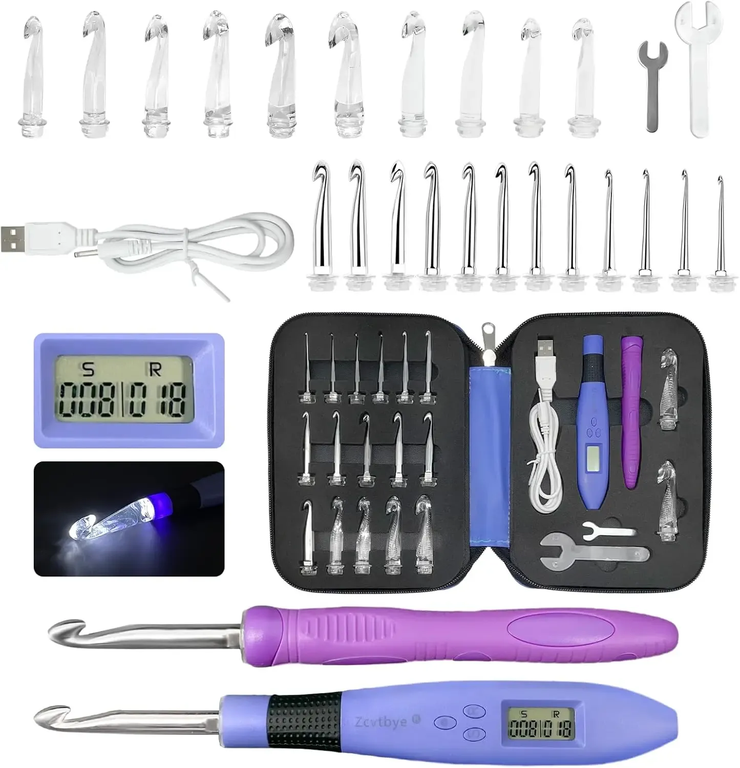 סט מסרגות עם תאורת LED ומונה דיגיטלי - 18 ראשים מתחלפים, טעינת USB