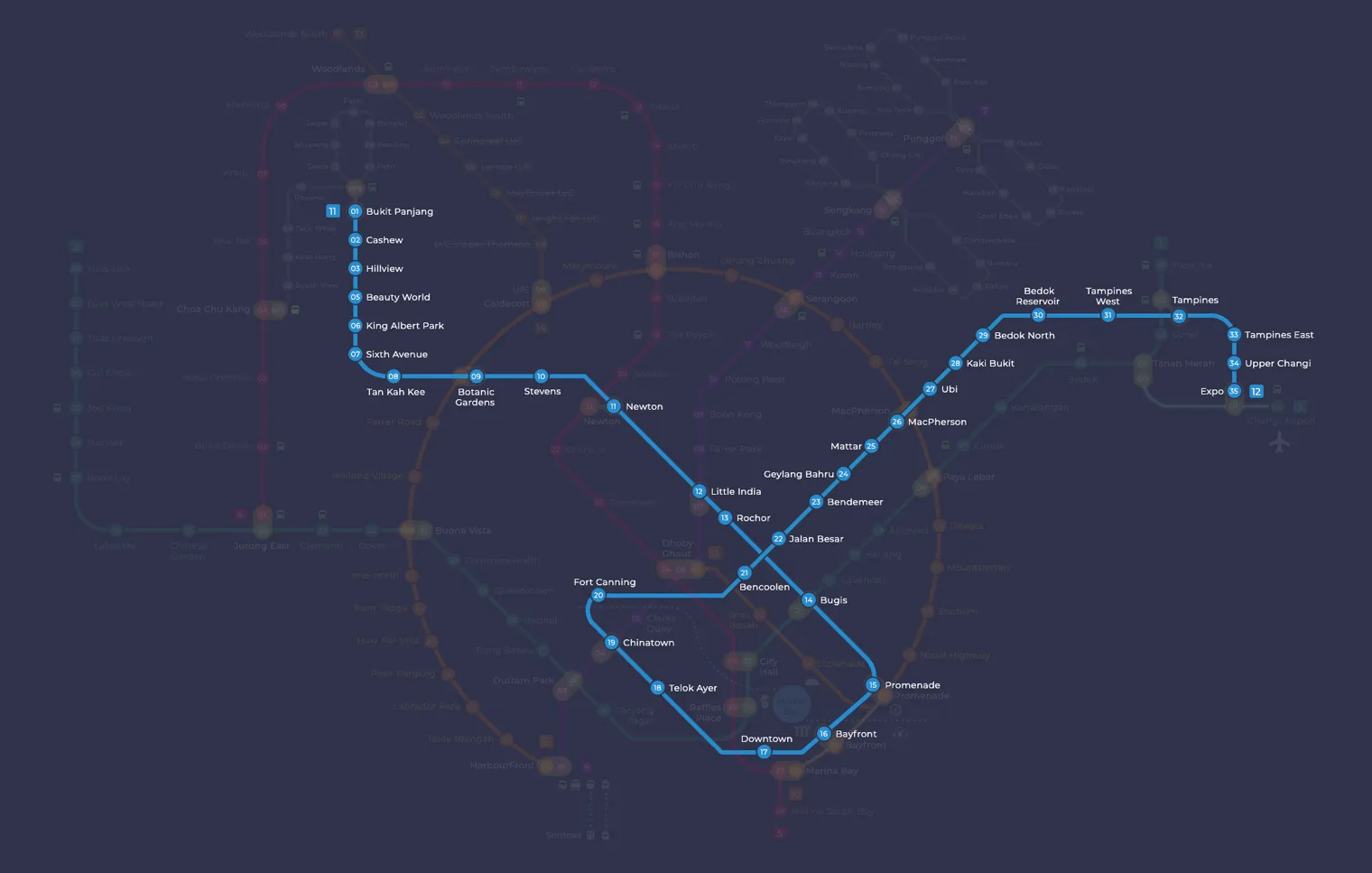Downtown Line map showing Tan Kah Kee MRT station (DT8)