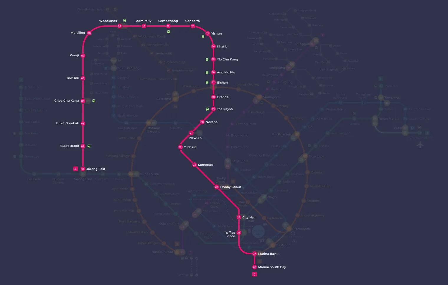 North South Line map showing Woodlands MRT station (NS9)