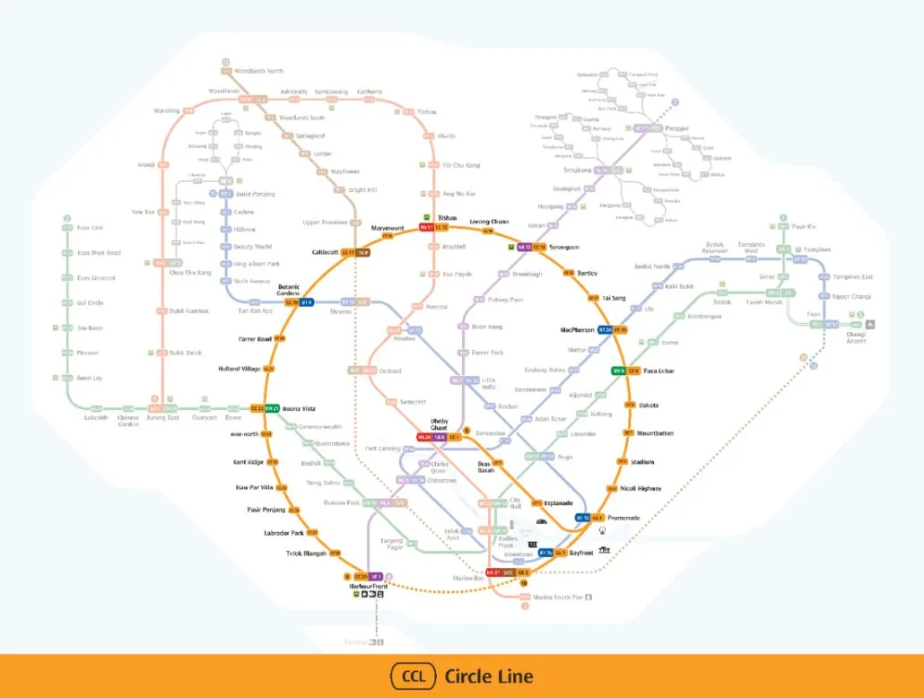 Circle Line (yellow line) MRT map with all stations