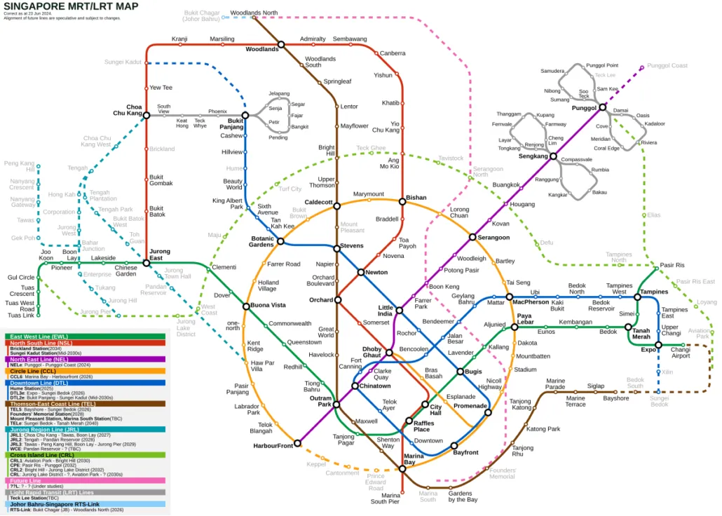 Singapore MRT and LRT system map with all stations