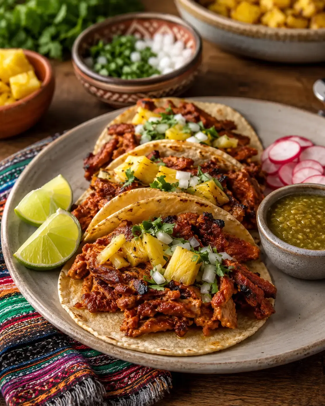 Grilled al pastor pork tacos with pineapple, diced onion and cilantro.