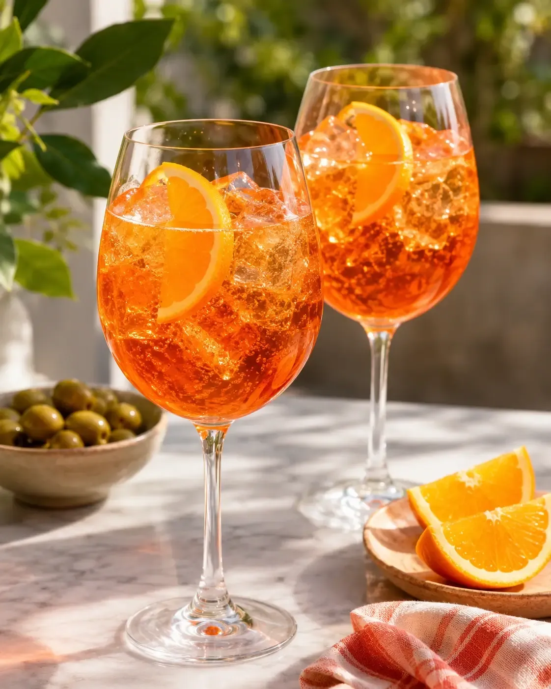 Classic Aperol Spritz with ice and an orange slice in a stemmed wine glass.