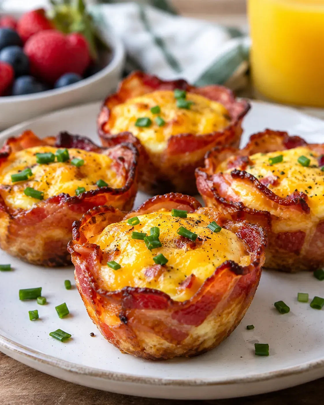 Bacon breakfast cups with baked egg, cheddar and chives on a serving plate.