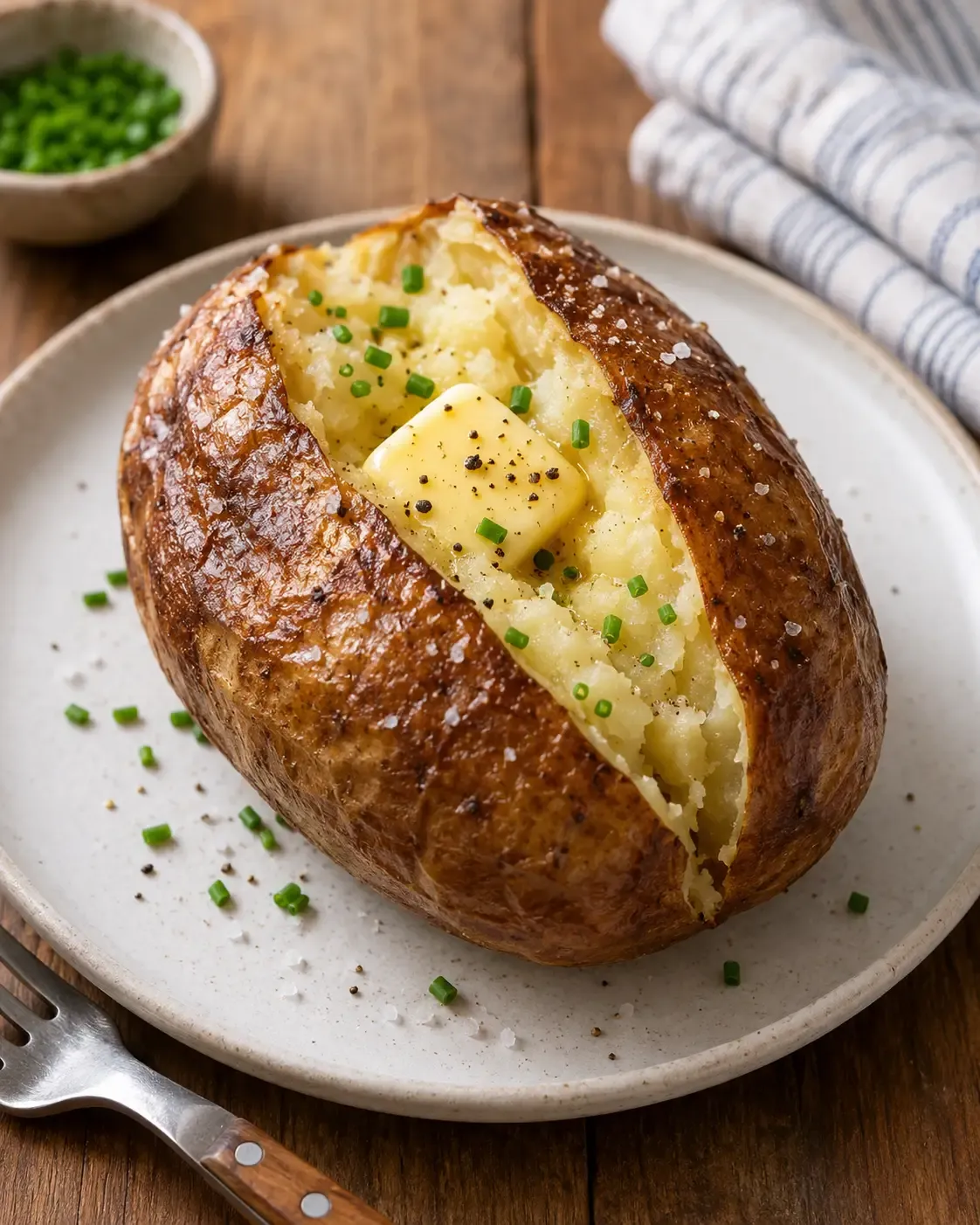 Crispy-skinned baked potatoes with one split open to show a fluffy center.