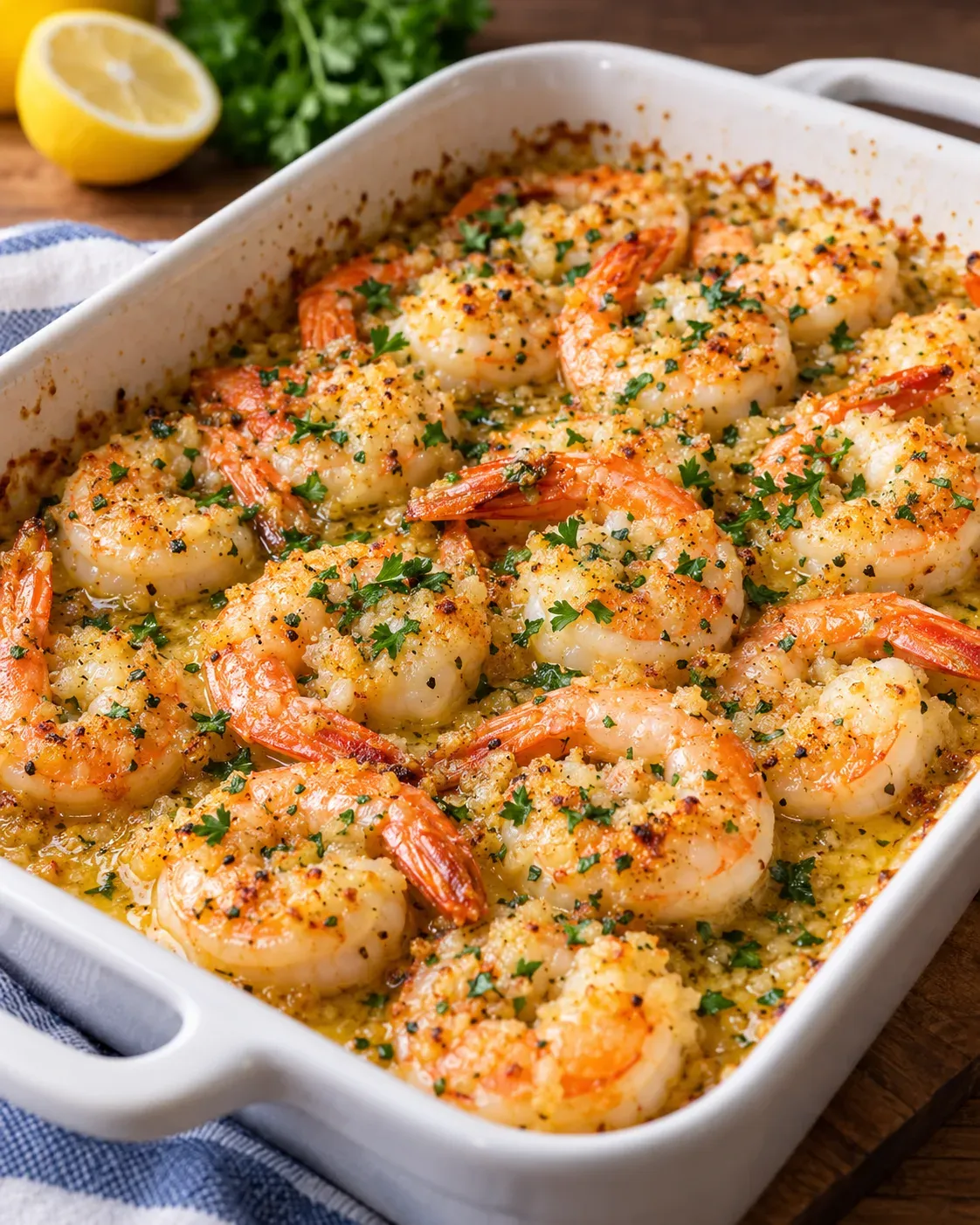 Baked shrimp scampi with garlic-lemon butter, crisp breadcrumbs and parsley in a white baking dish.