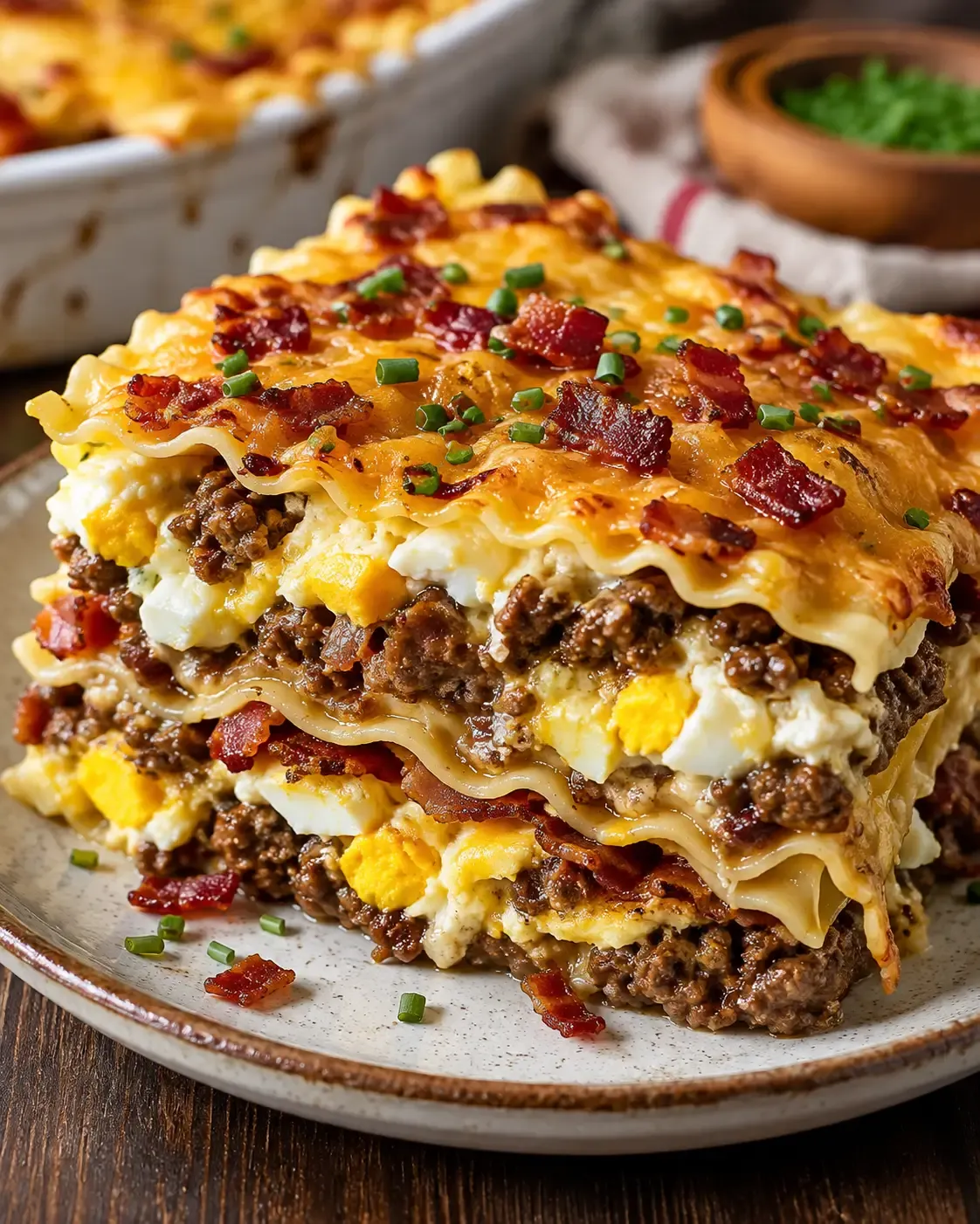 Slice of bison, bacon and egg lasagna showing layered egg sheets, meat sauce and melted cheese.
