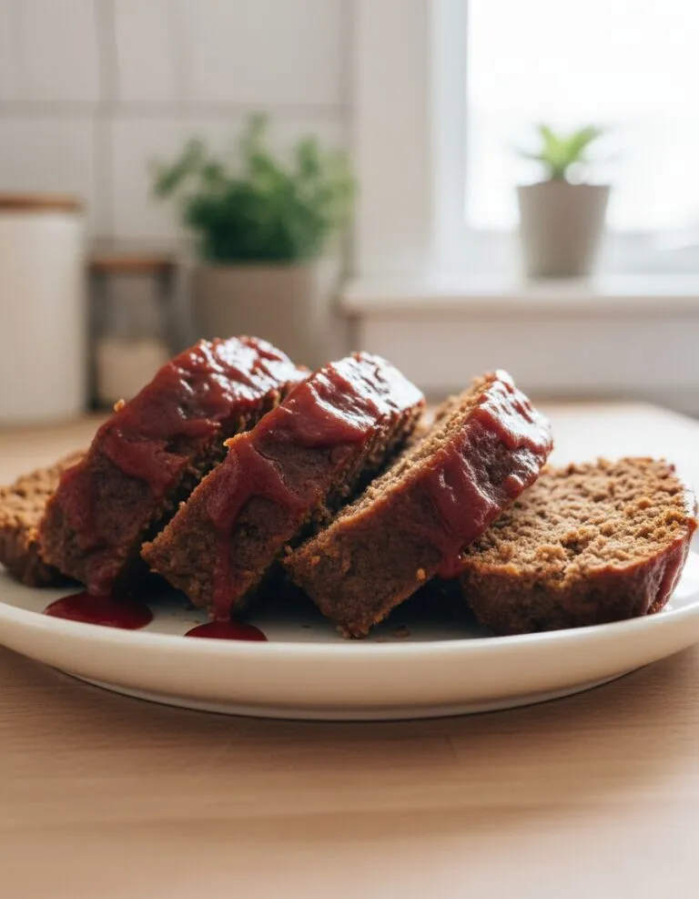 Glazed bison meatloaf served on a white plate.