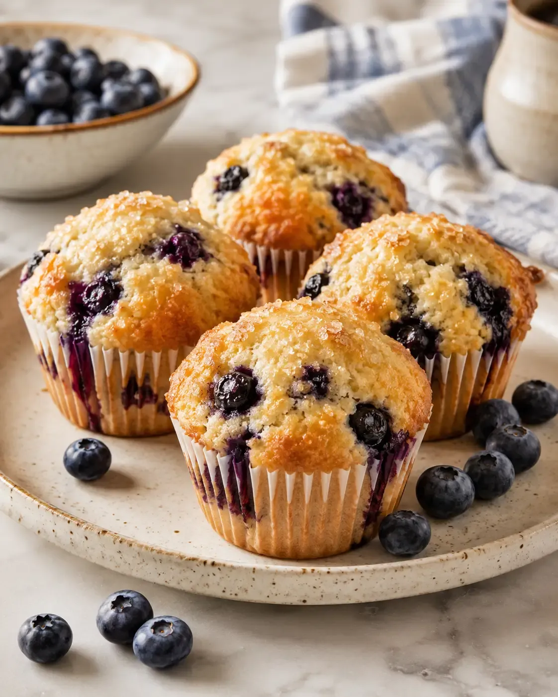 Golden blueberry muffins on a light ceramic plate, with one muffin split open to show blueberries inside.