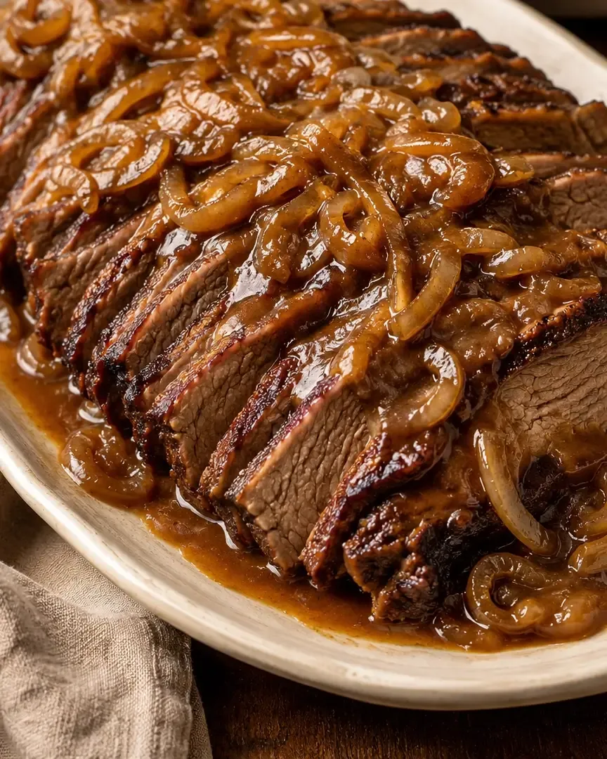 Sliced slow-cooked beef brisket topped with rich onion gravy on a cream serving platter.