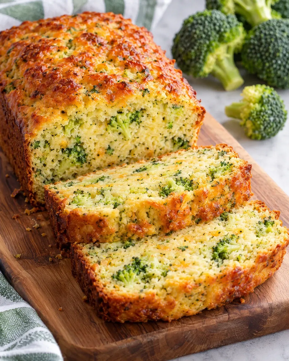 Sliced broccoli bread loaf with visible broccoli pieces and melted cheddar.