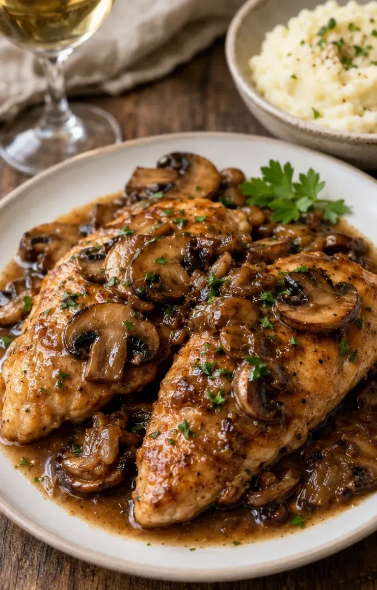 Chicken Marsala with mushrooms in a glossy Marsala pan sauce.