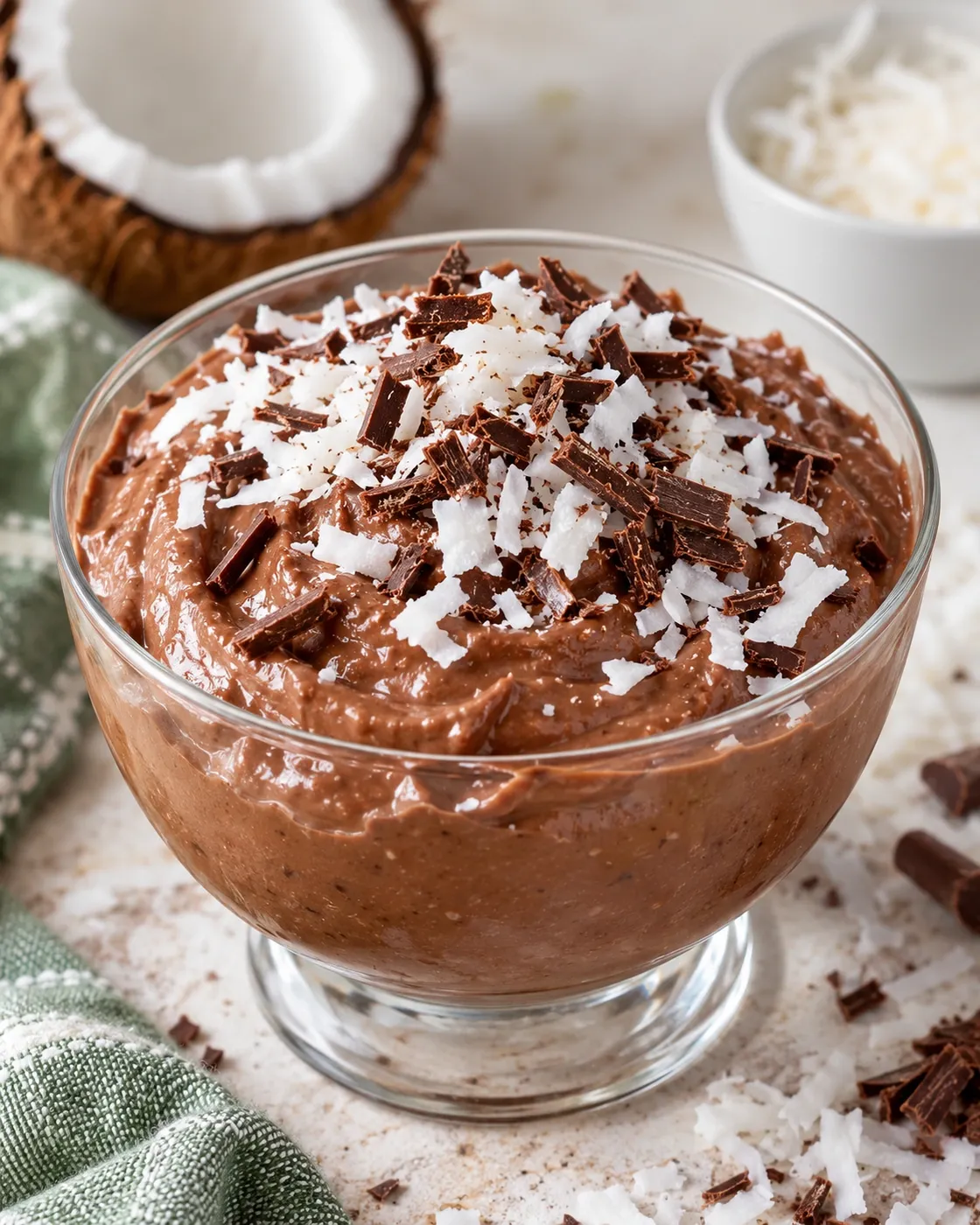 Chocolate coconut protein pudding topped with shredded coconut and chocolate shavings in a glass bowl.