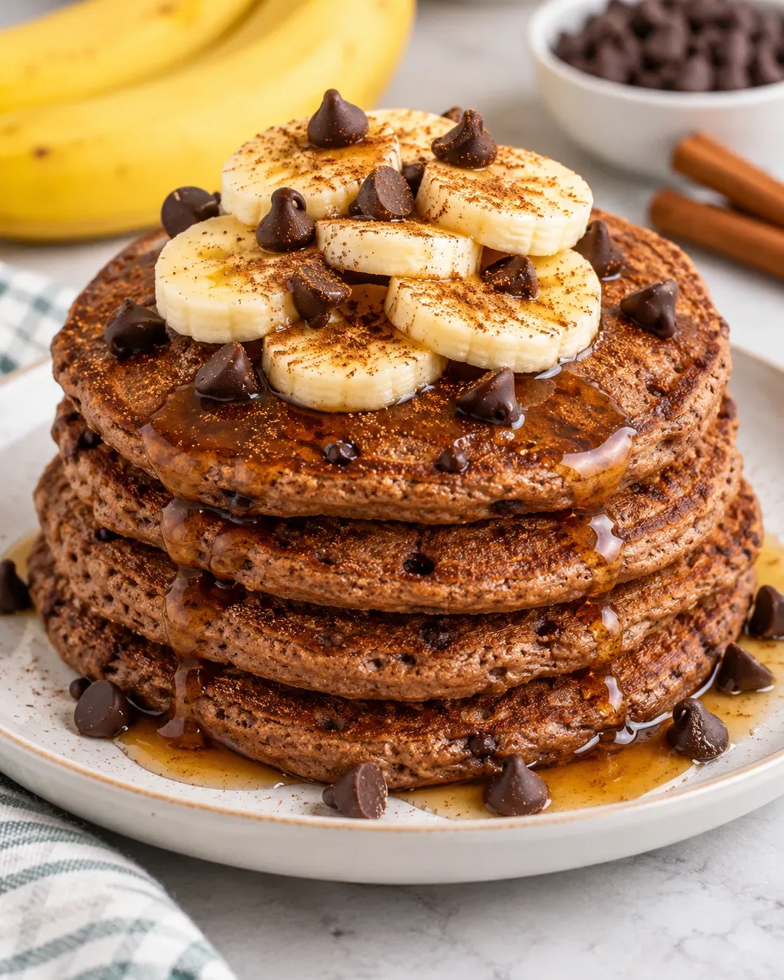 Stack of cinnamon chocolate protein pancakes with chocolate chips on a white plate.