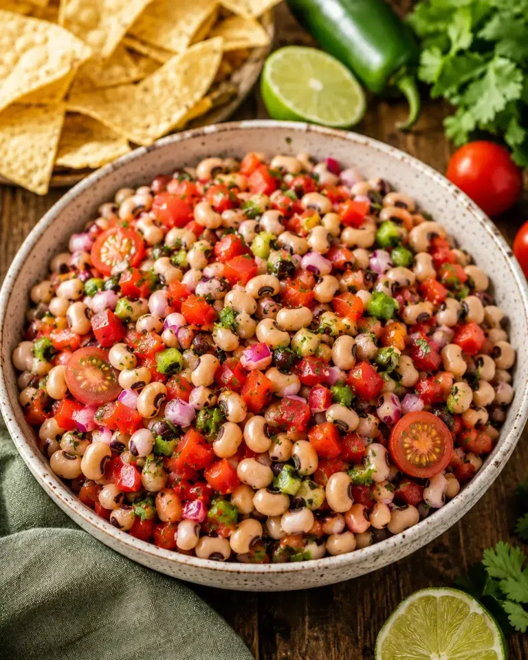 Classic cowboy caviar with black-eyed peas, tomatoes, red bell pepper, red onion and cilantro in a bowl.