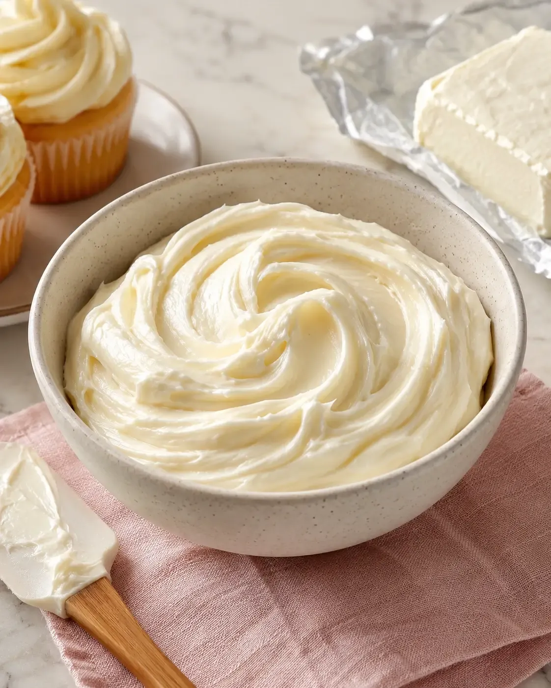 Creamy homemade cream cheese frosting in a white bowl with soft swirls.