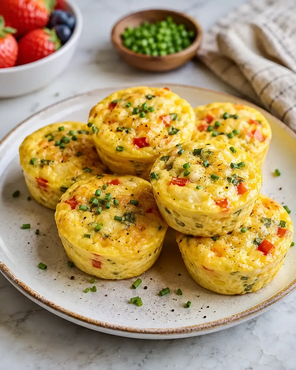 Classic egg bites arranged on a white plate.