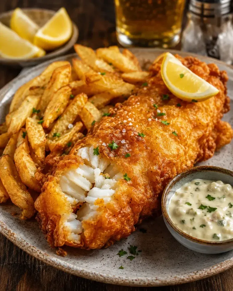 Crispy beer-battered fish with golden chips and lemon wedges on a plate.