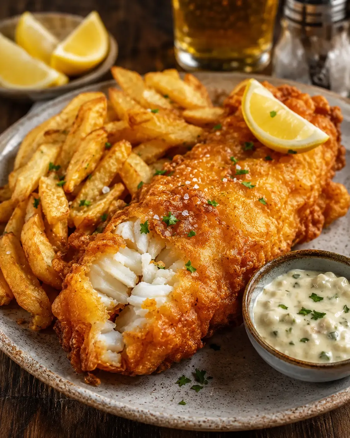 Crispy beer-battered fish with golden chips and lemon wedges on a plate.