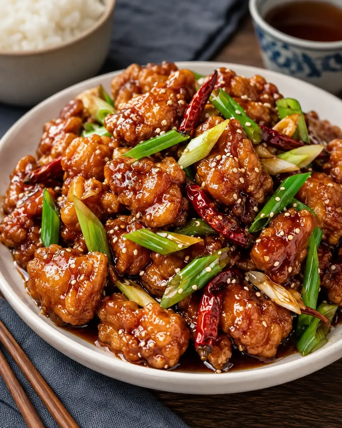 Glossy General Tso chicken with scallions, sesame seeds and dried red chiles, with white rice alongside.