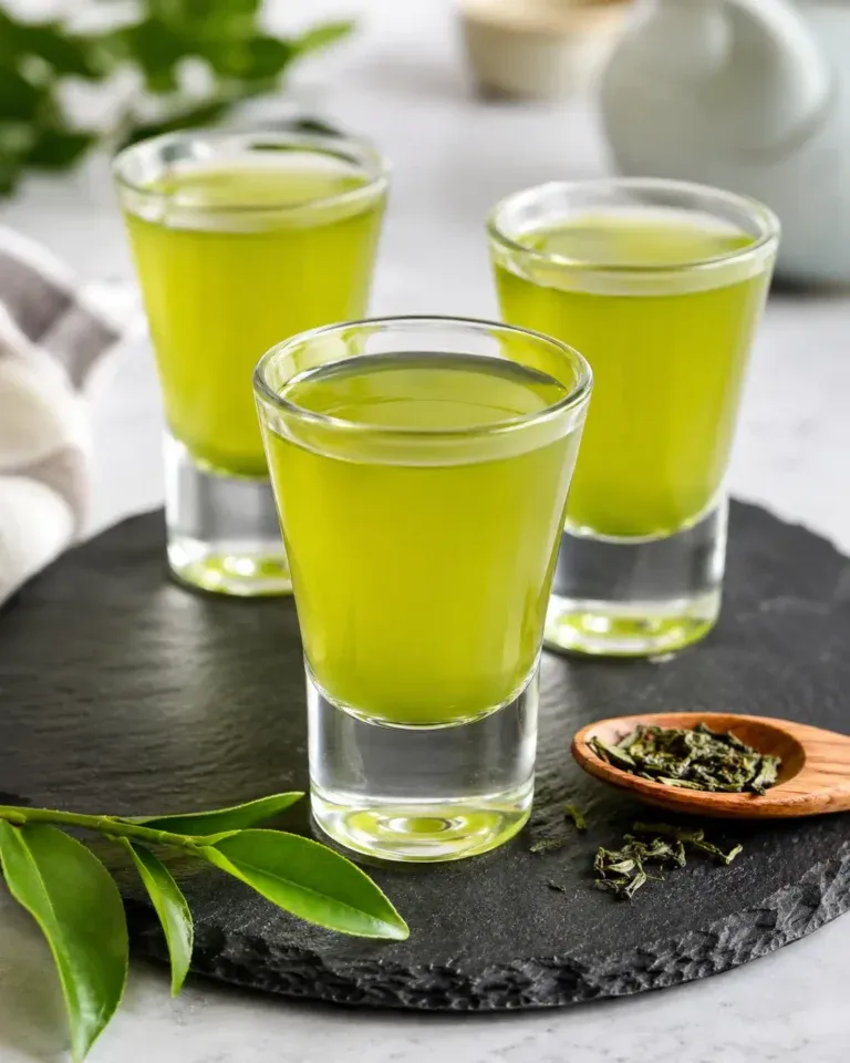 Four pale green Green Tea Shots in clear shot glasses on a light countertop.