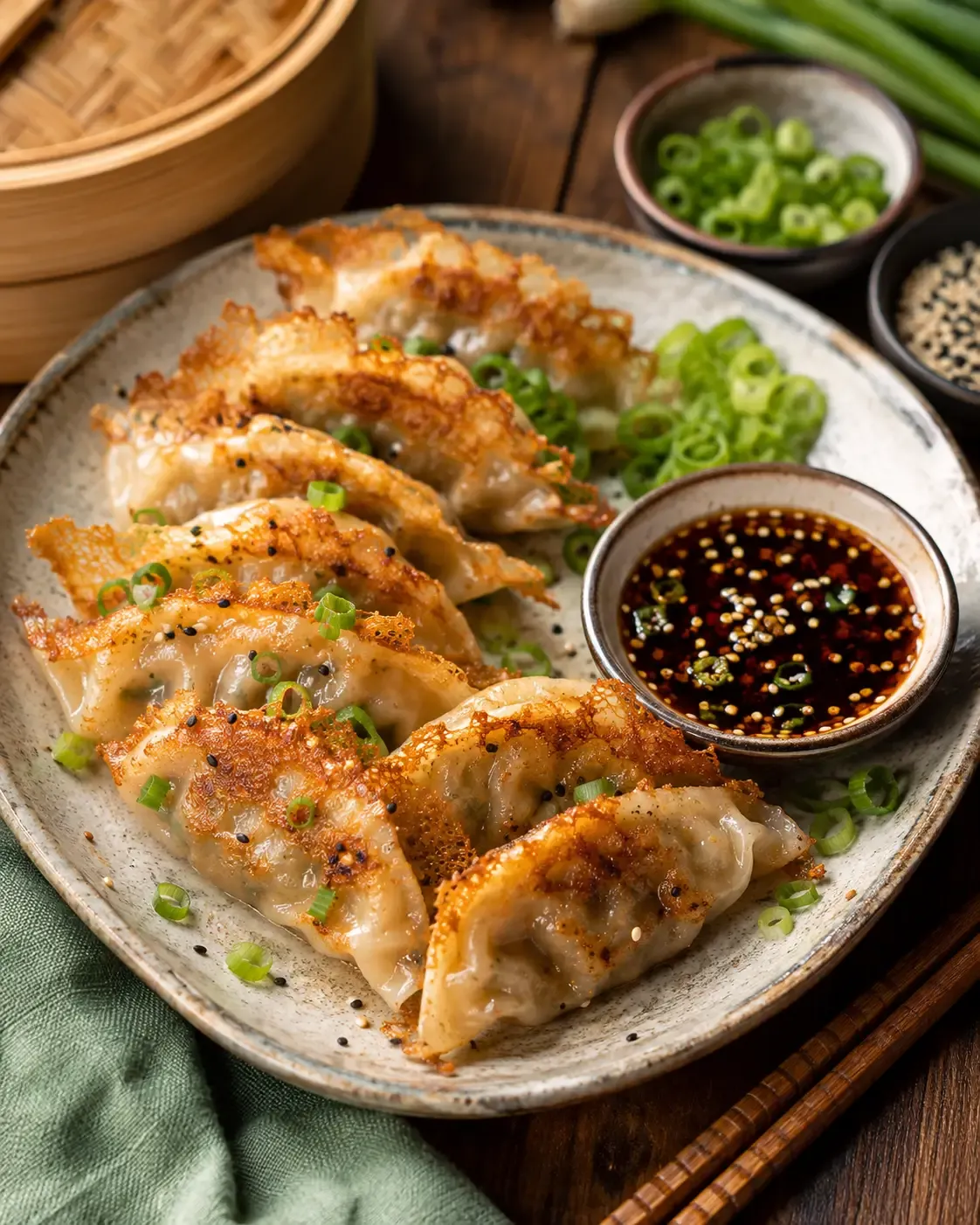 Crispy pan-fried pork gyoza with golden bottoms.